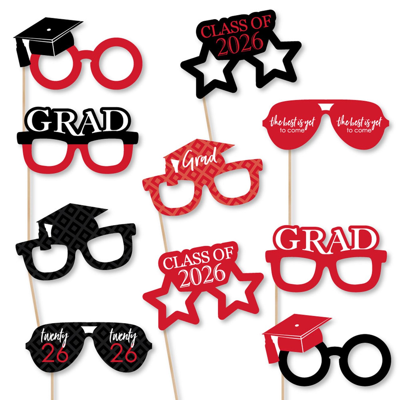 Big Dot of Happiness 2026 Red Graduation Glasses - Paper Card Stock Party Photo Booth Props Kit - 10 Count